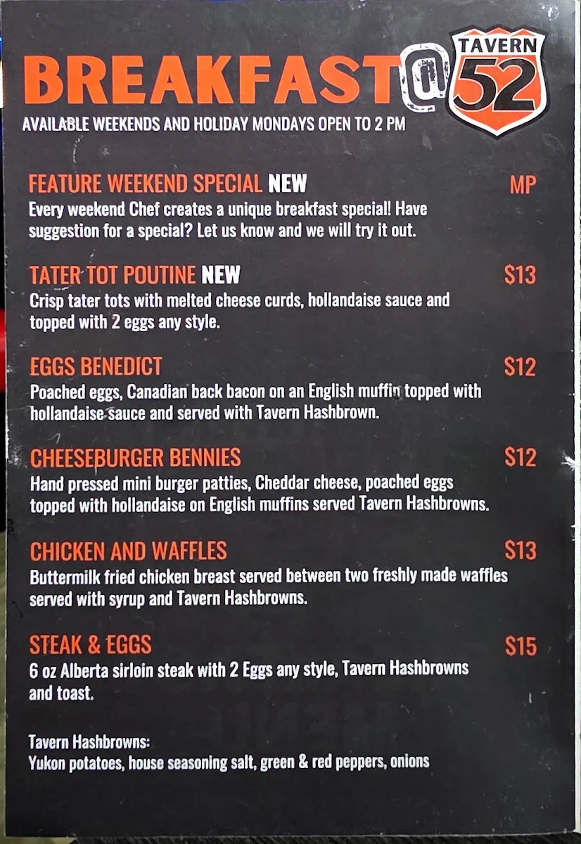 Menu, Tavern 52 Bar & Grill