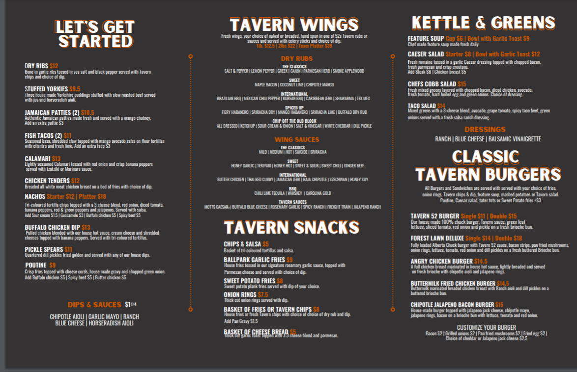 Menu, Tavern 52 Bar & Grill