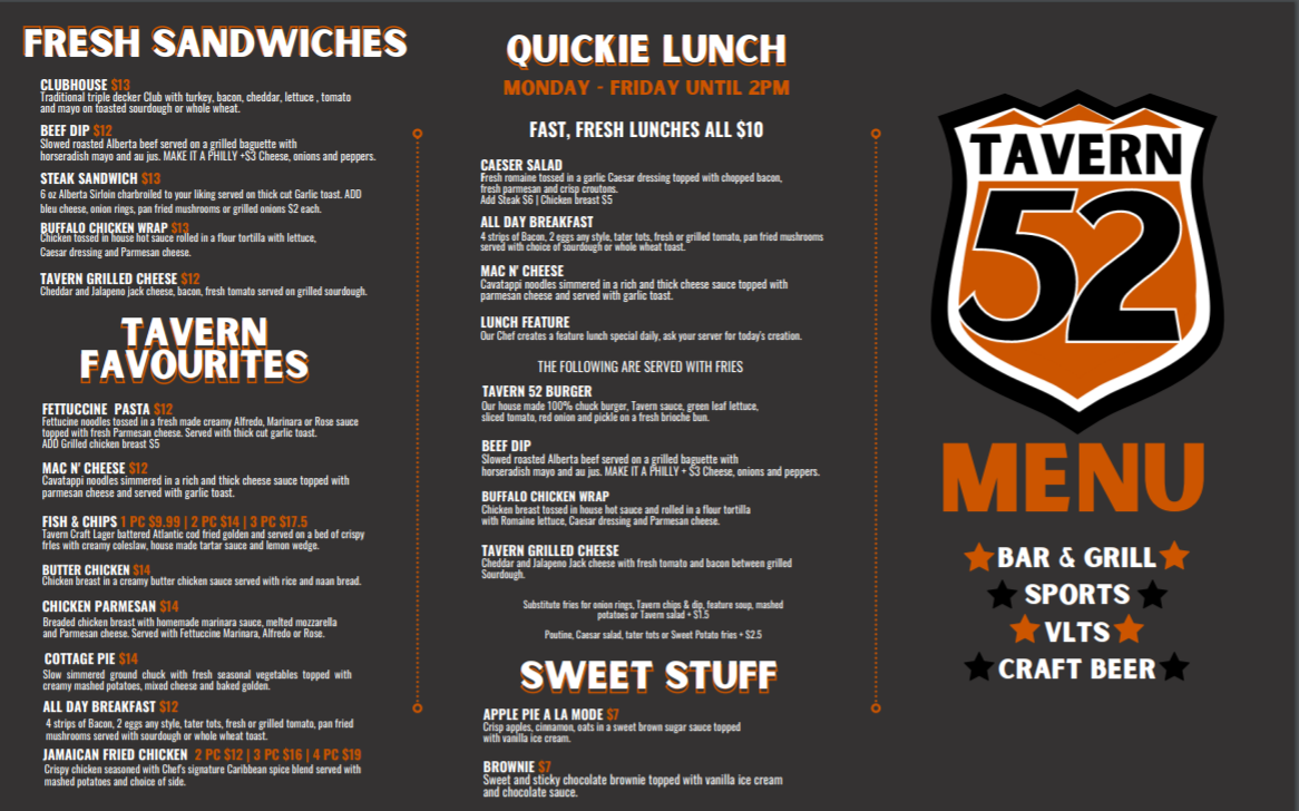 Menu, Tavern 52 Bar & Grill