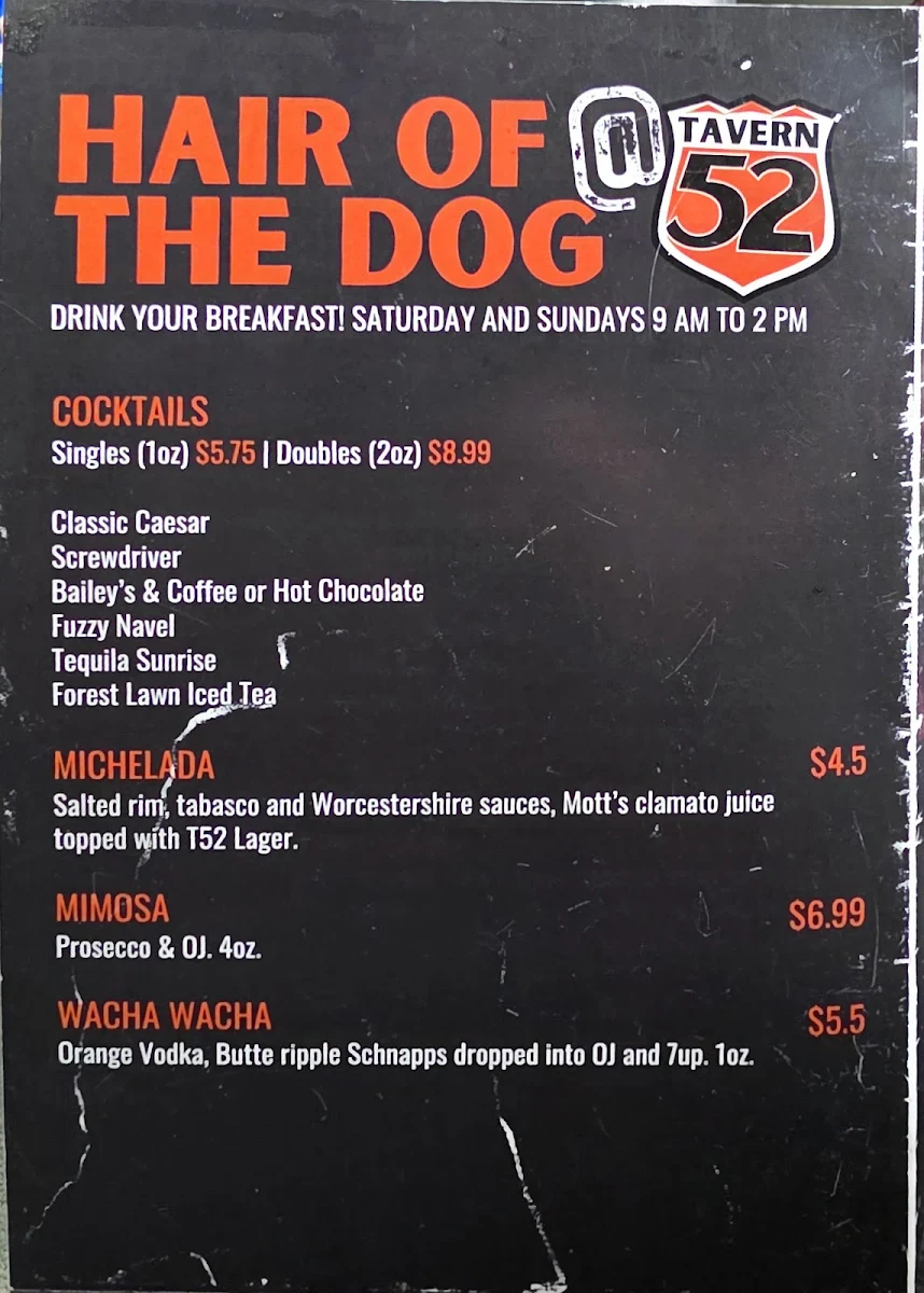 Menu, Tavern 52 Bar & Grill