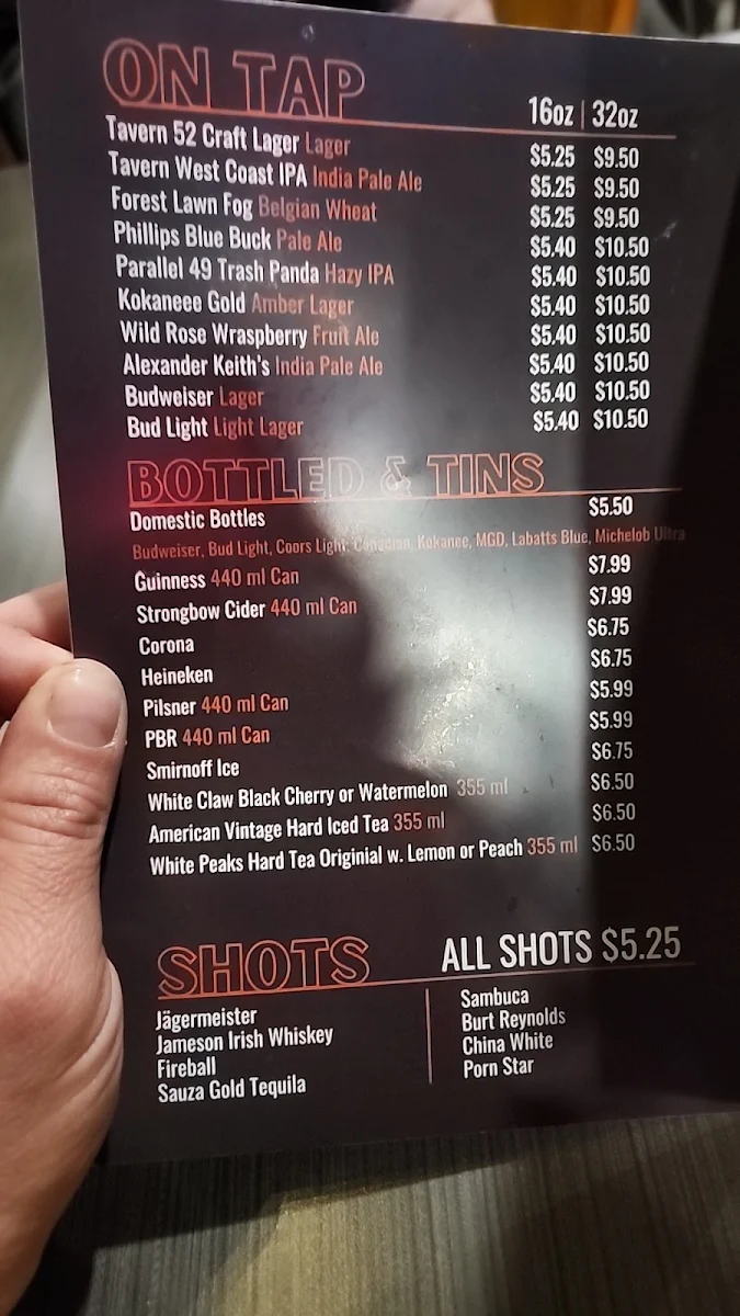 Menu, Tavern 52 Bar & Grill
