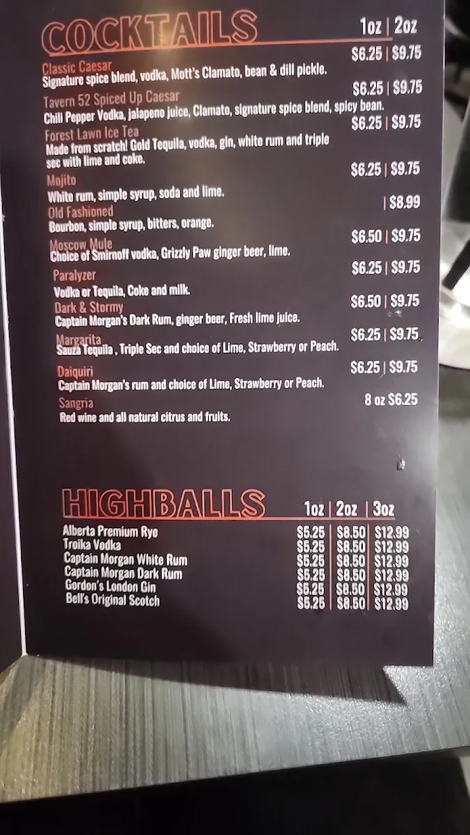Menu, Tavern 52 Bar & Grill
