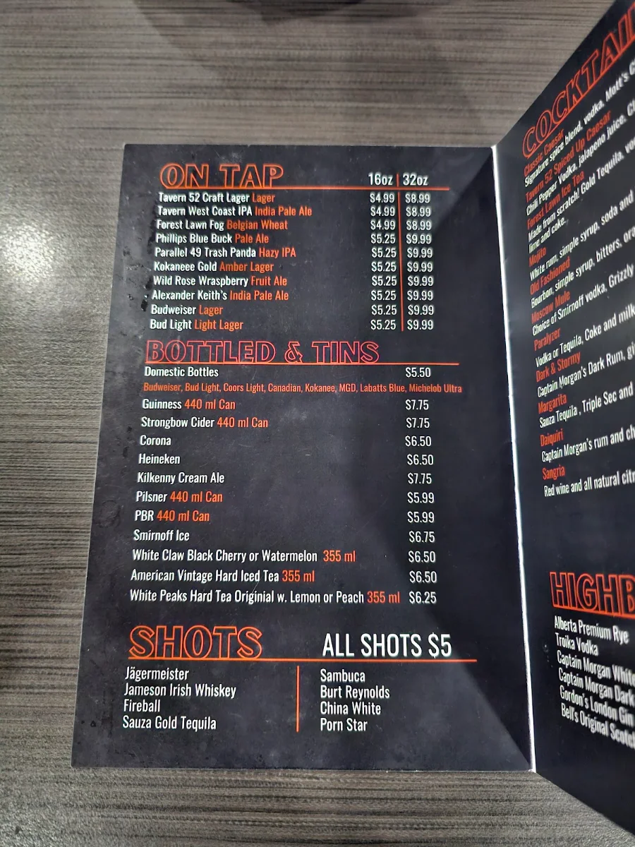 Menu, Tavern 52 Bar & Grill