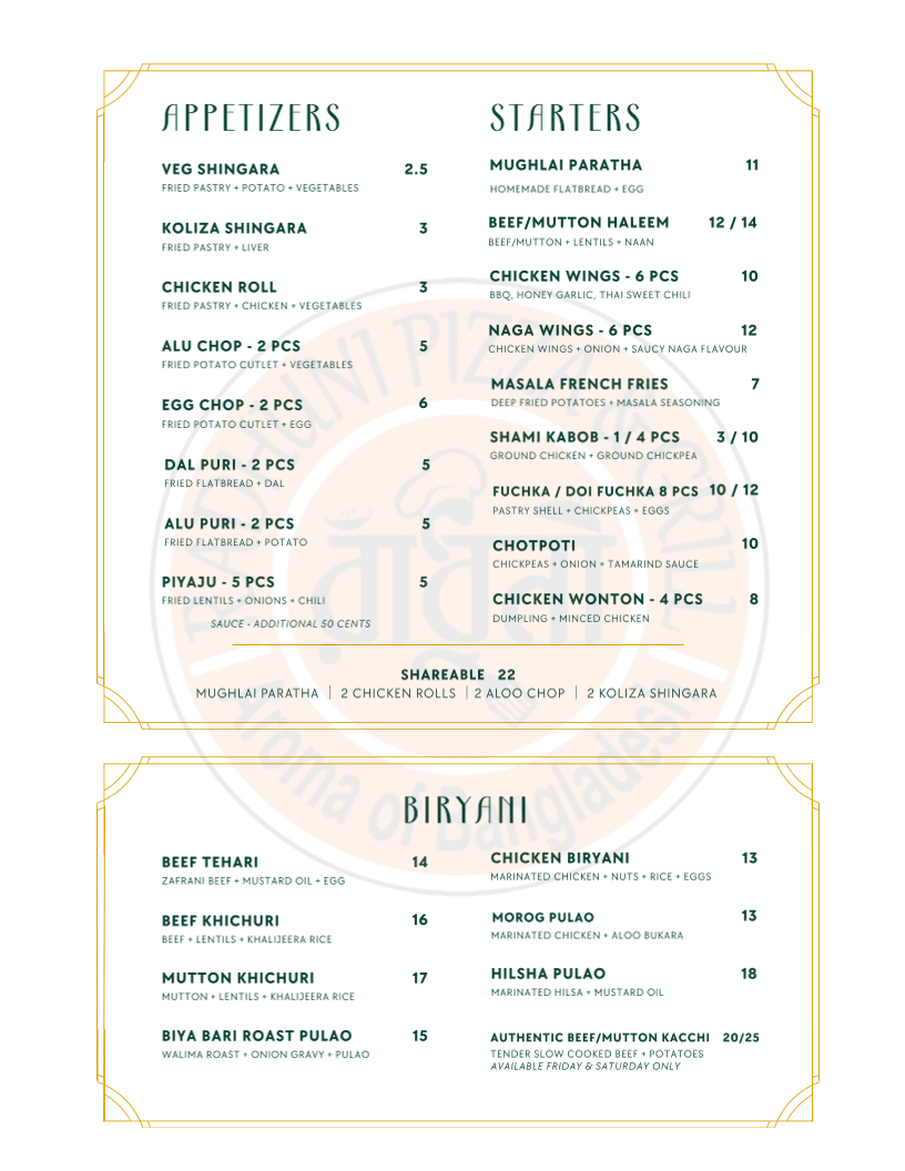 Menu, Radhuni Pizza & Grill