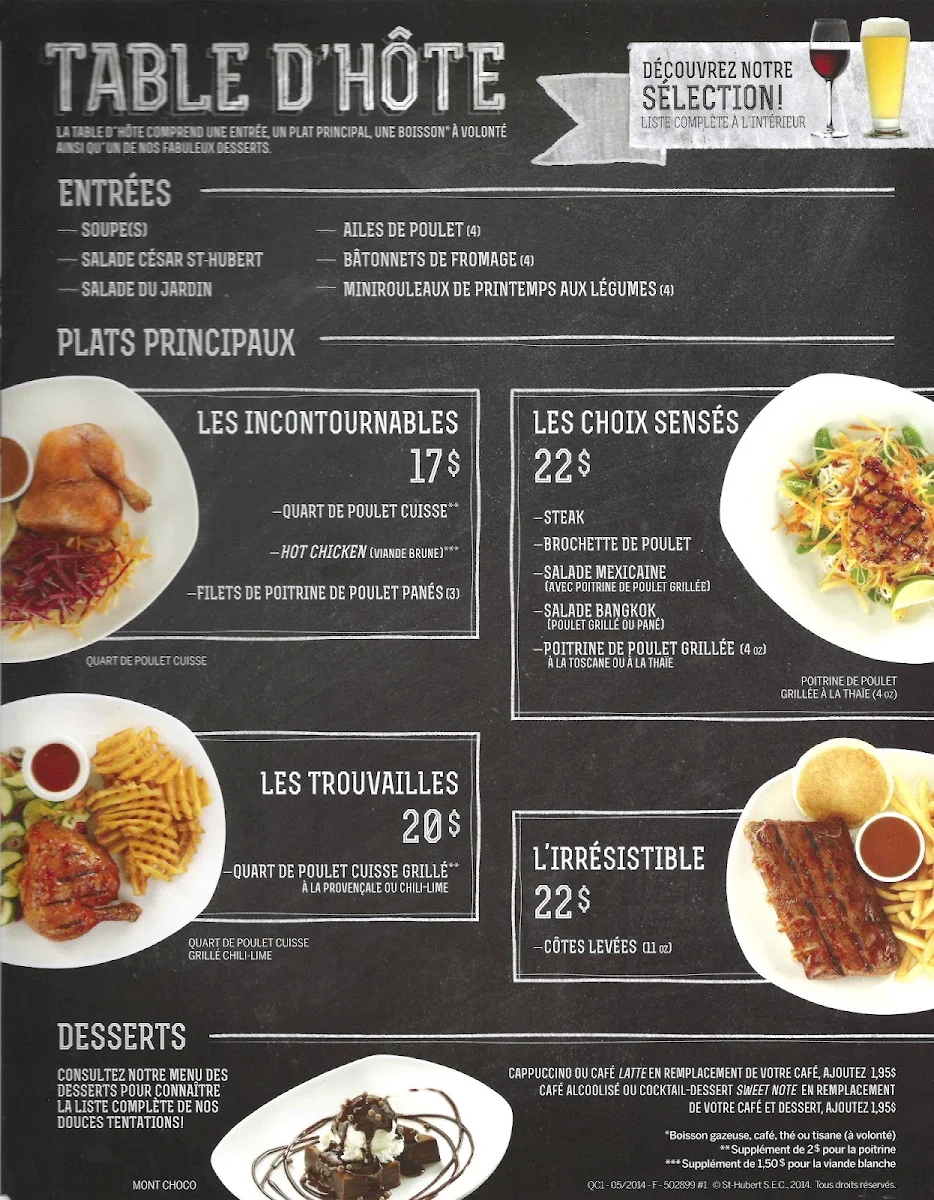 Menu, Rôtisserie St-Hubert