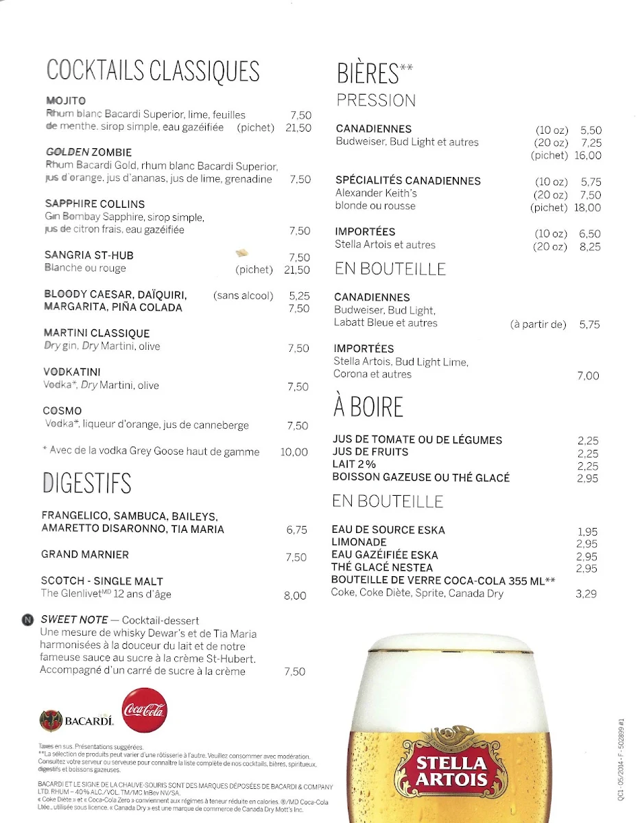 Menu, Rôtisserie St-Hubert