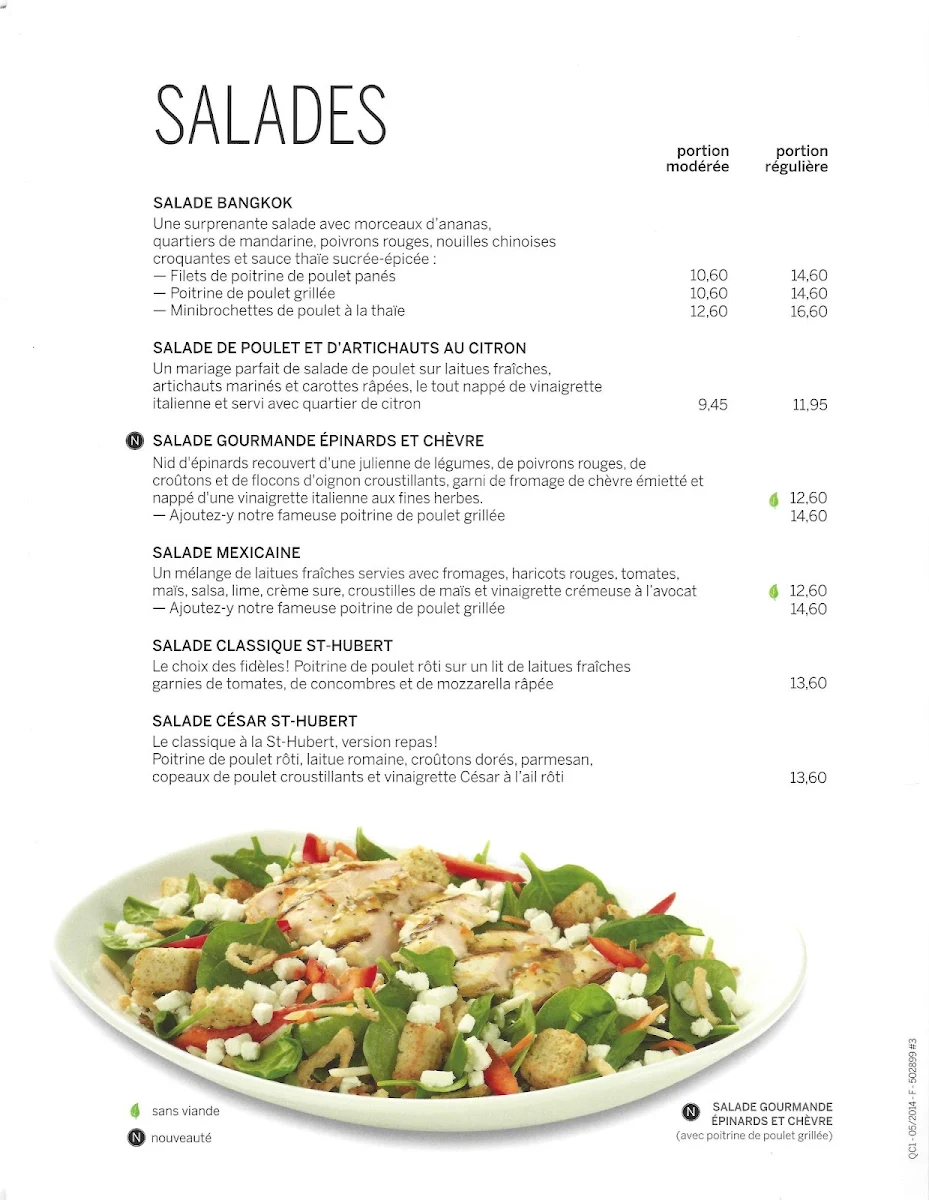 Menu, Rôtisserie St-Hubert