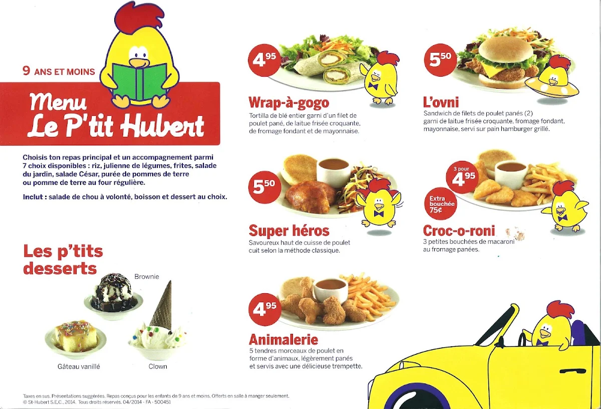 Menu, Rôtisserie St-Hubert