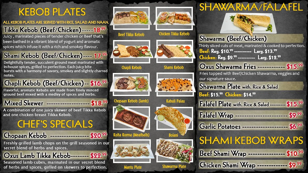 Menu, Oxus Kebob & Shawarma. Bakery, Butcher Shop, (Halal)