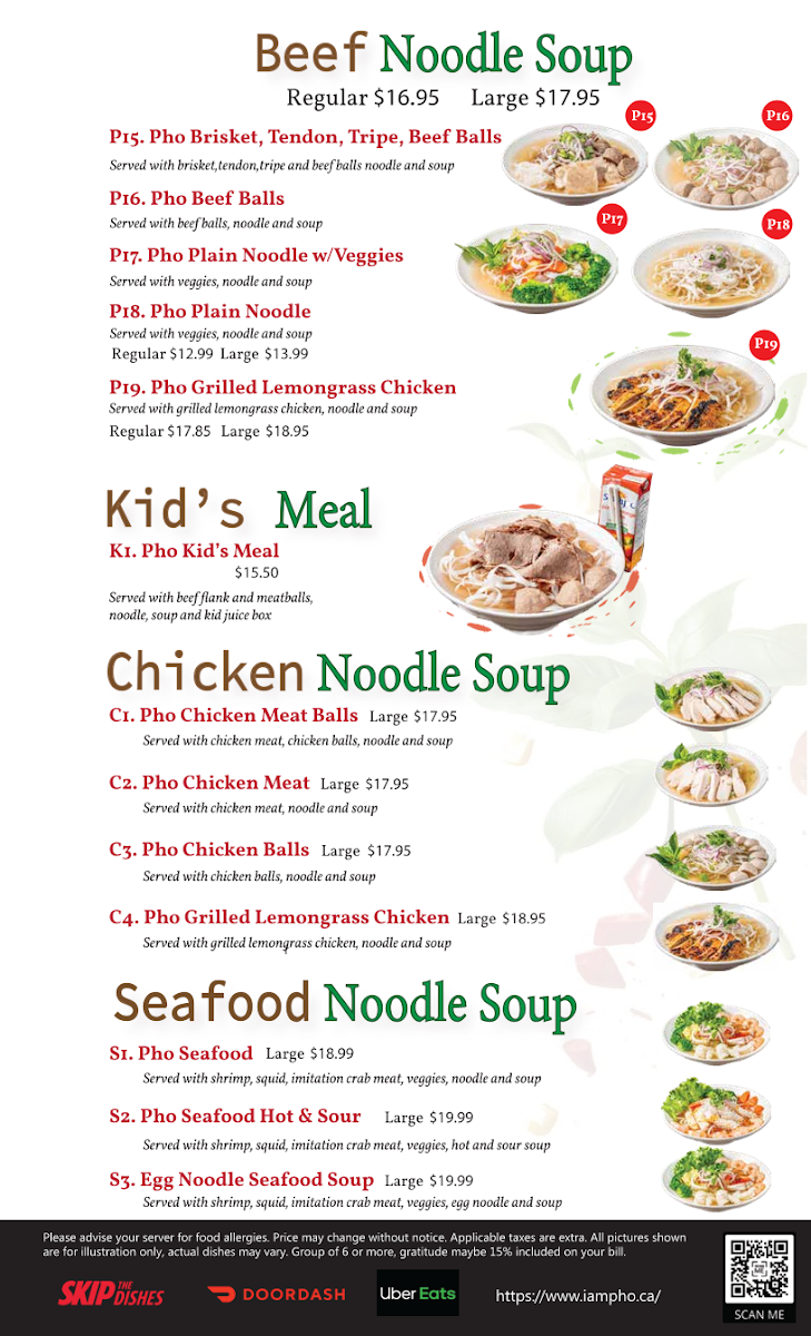 Menu, I Am Pho Coquitlam