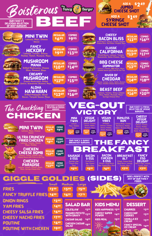 Menu, The Go Grill/ The Fancy Induced Burger