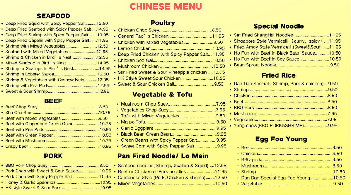 Menu, Dan Dan Asian Diner