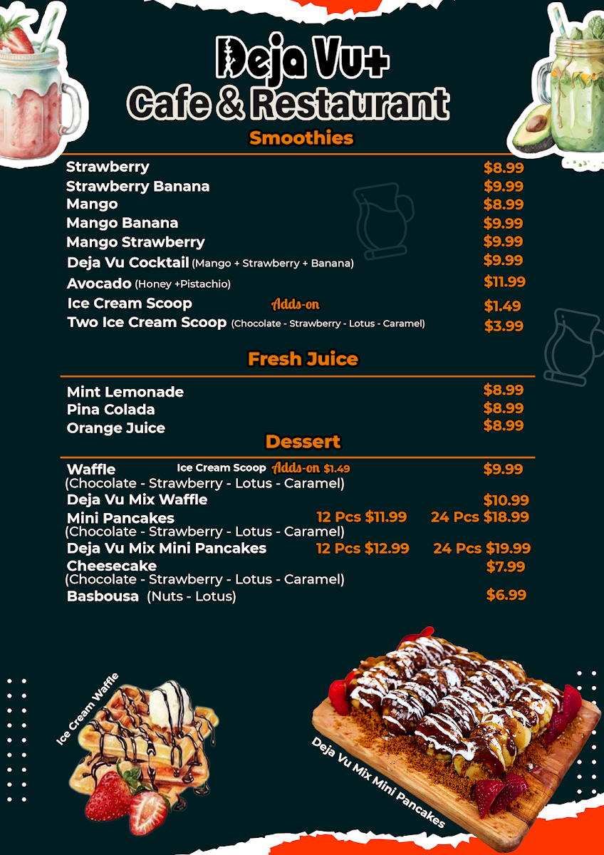 Menu, Deja Vu+ Cafe & Restaurant