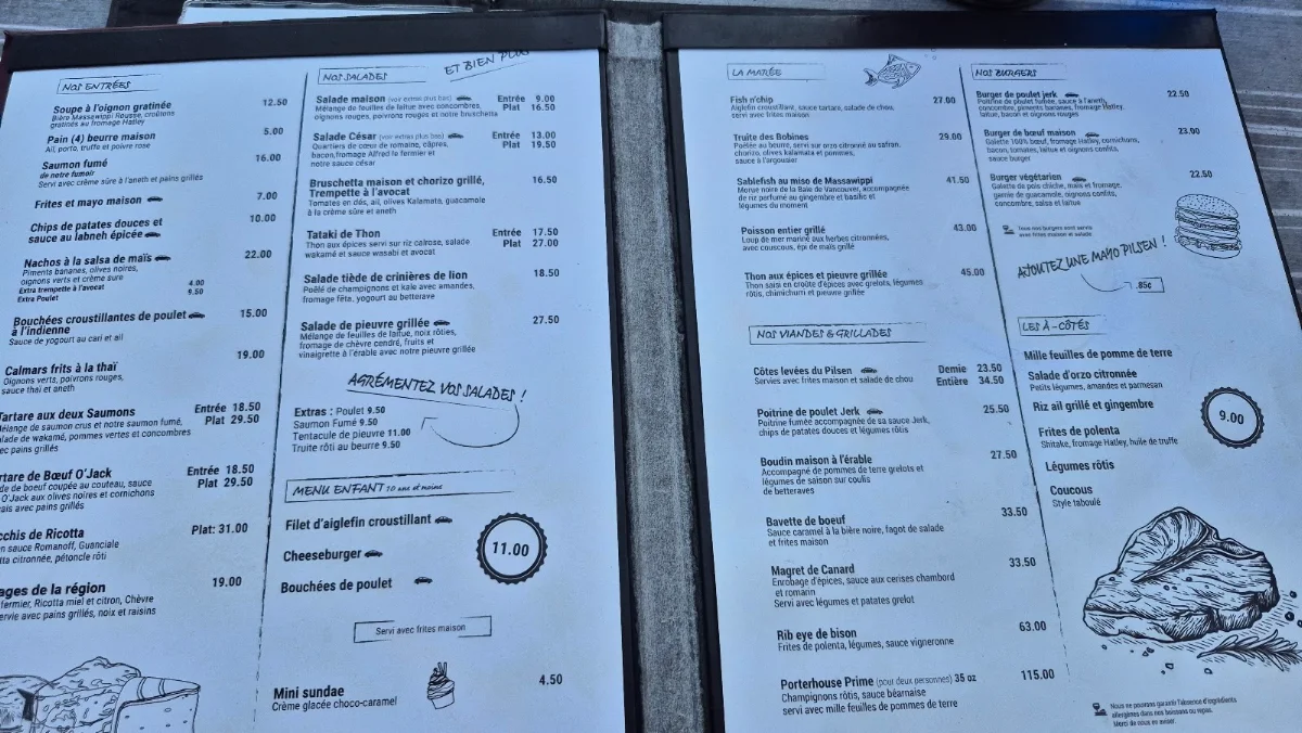 Menu, Pilsen Restaurant et Pub