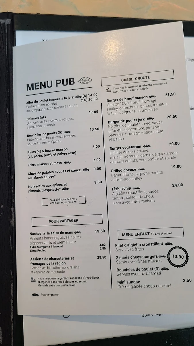 Menu, Pilsen Restaurant et Pub