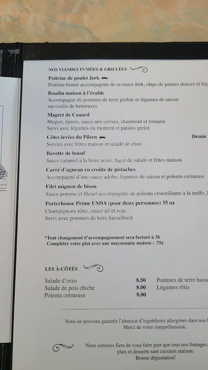 Menu, Pilsen Restaurant et Pub