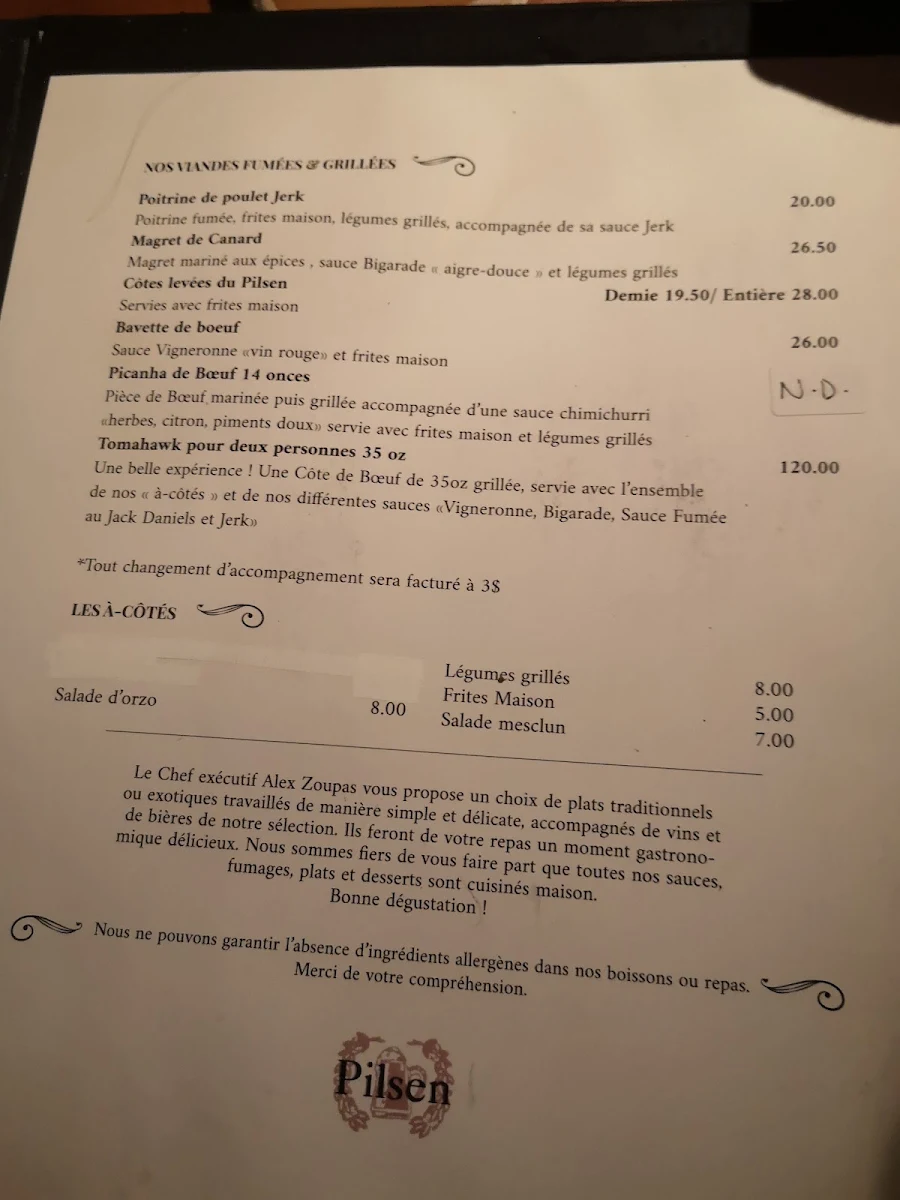 Menu, Pilsen Restaurant et Pub