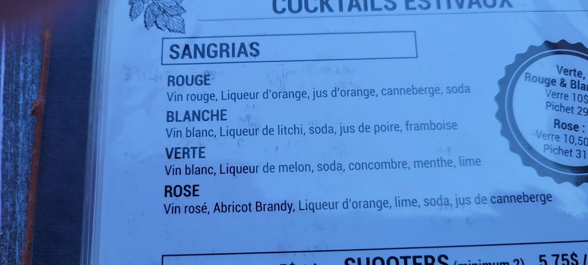 Menu, Pilsen Restaurant et Pub