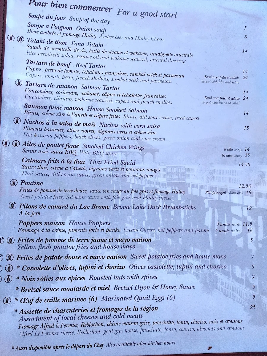 Menu, Pilsen Restaurant et Pub