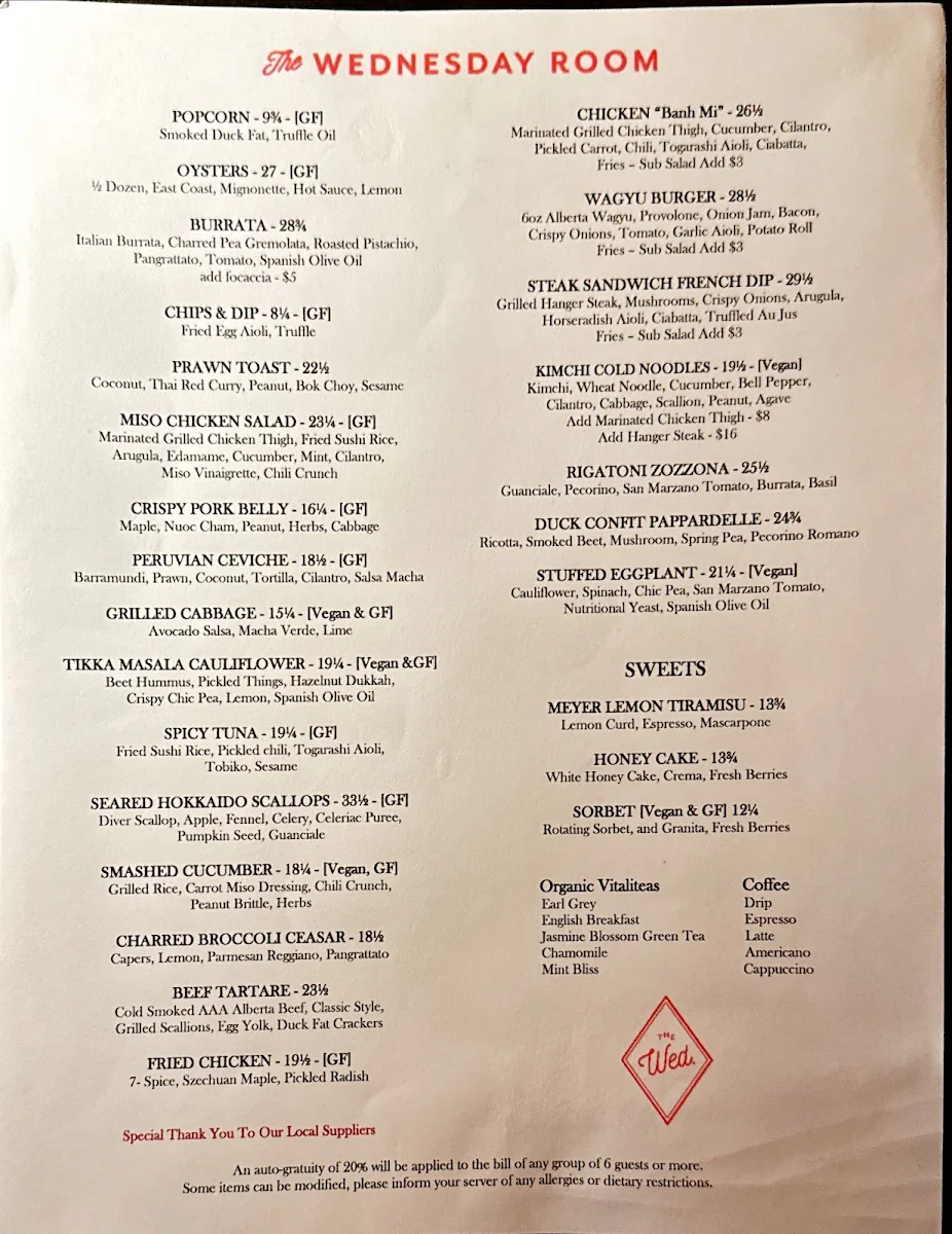 Menu, The Wednesday Room
