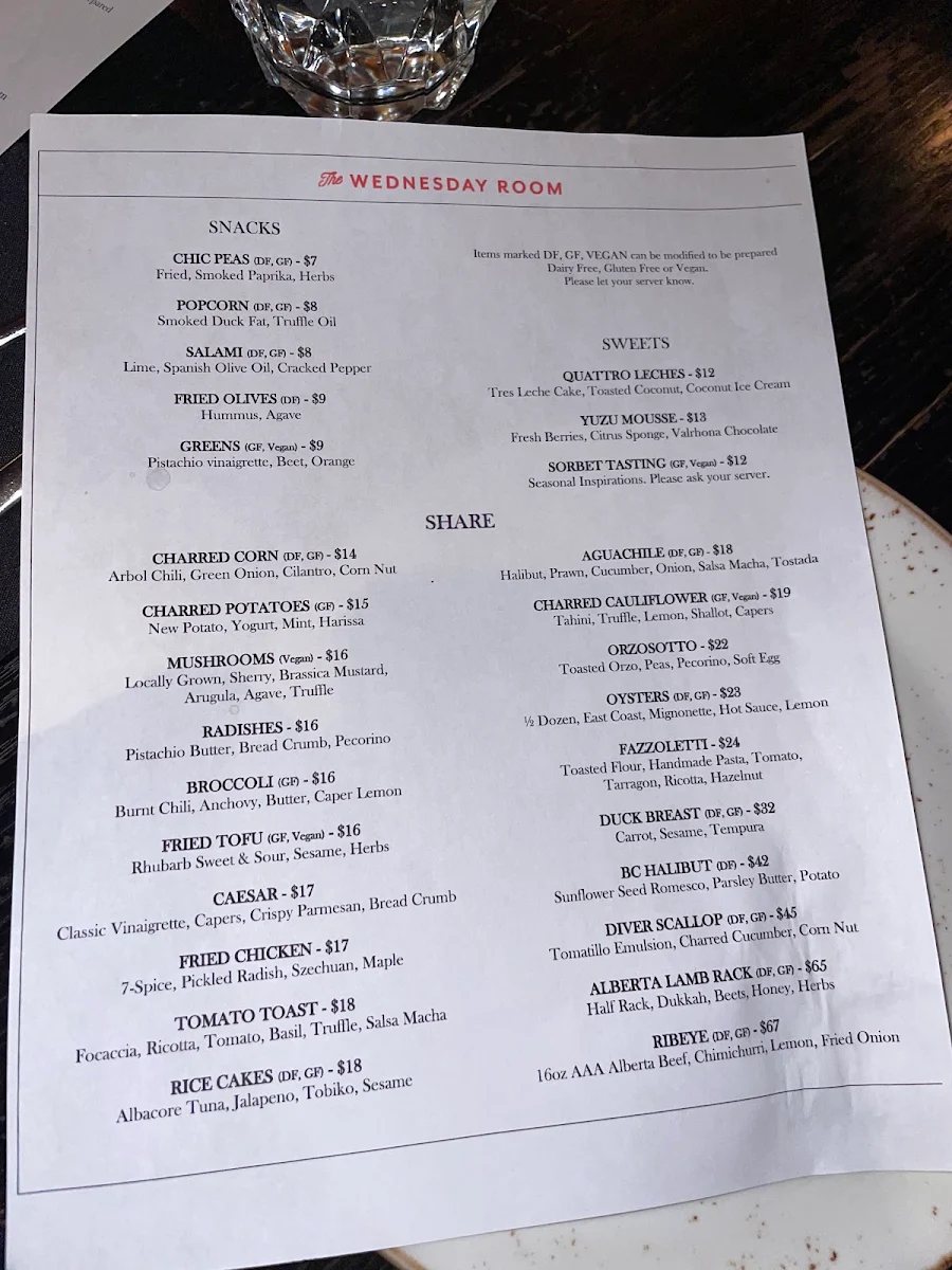 Menu, The Wednesday Room