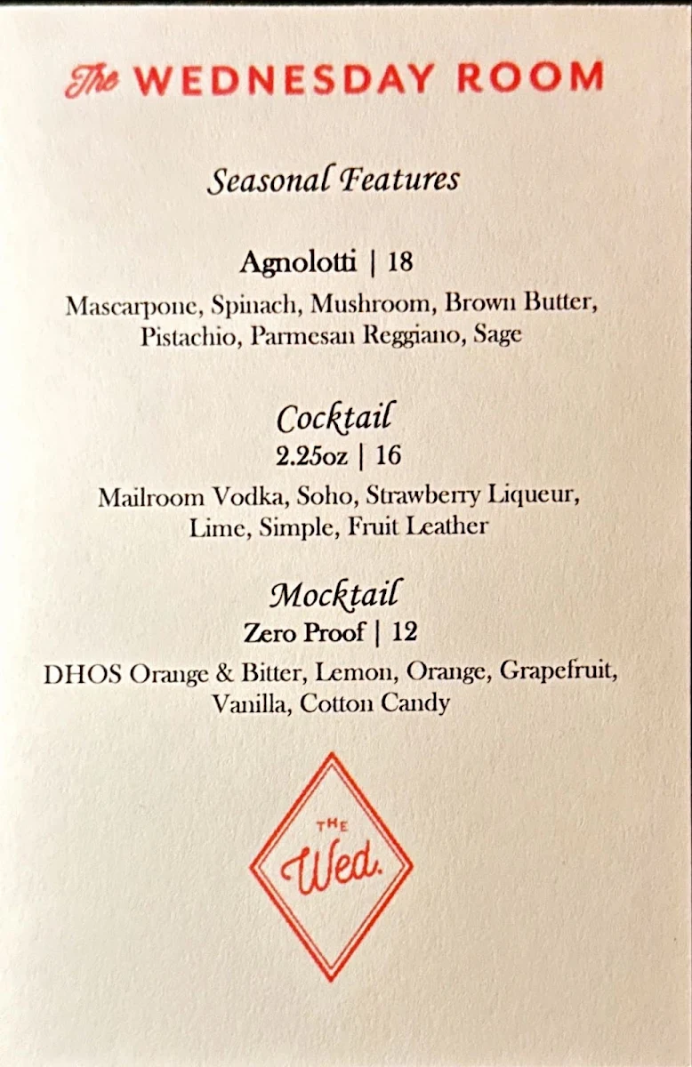 Menu, The Wednesday Room