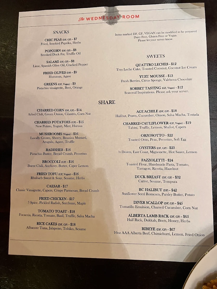 Menu, The Wednesday Room