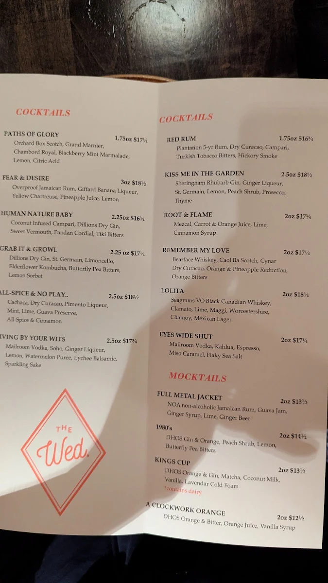 Menu, The Wednesday Room
