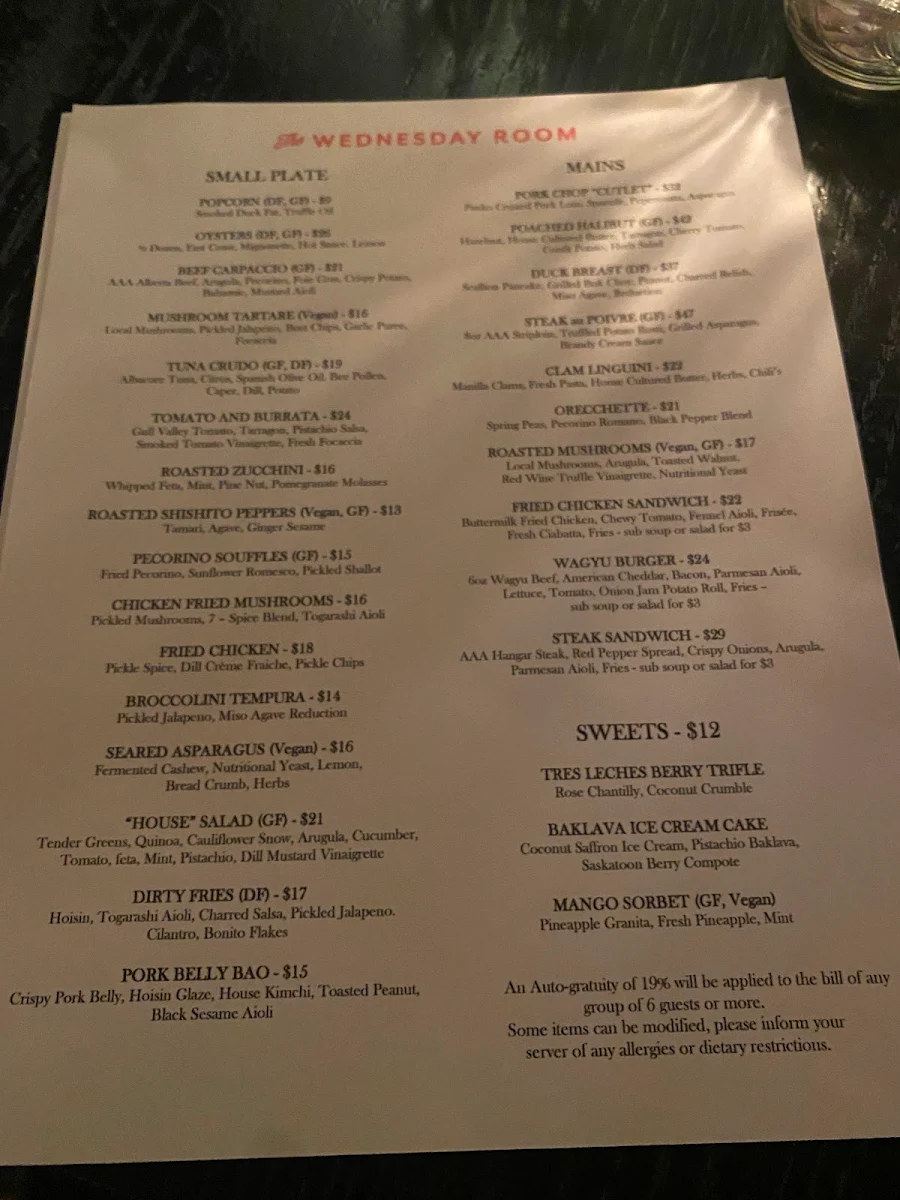 Menu, The Wednesday Room