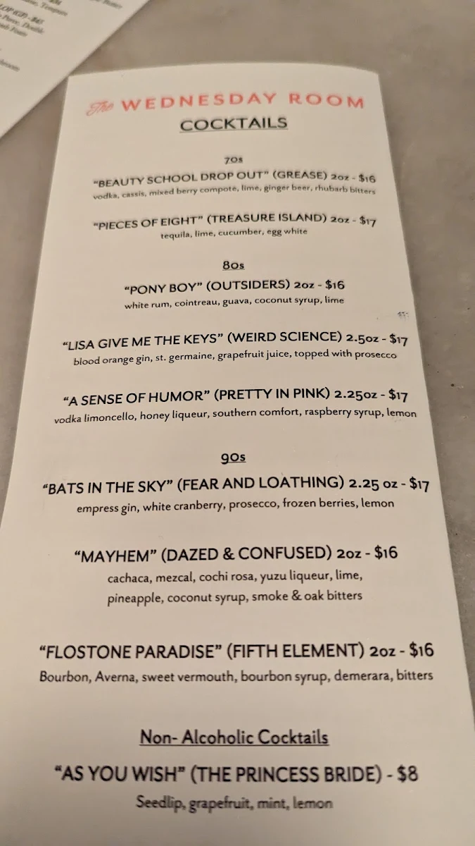 Menu, The Wednesday Room