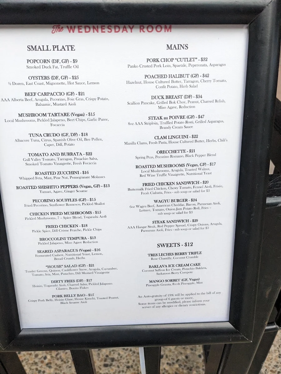 Menu, The Wednesday Room