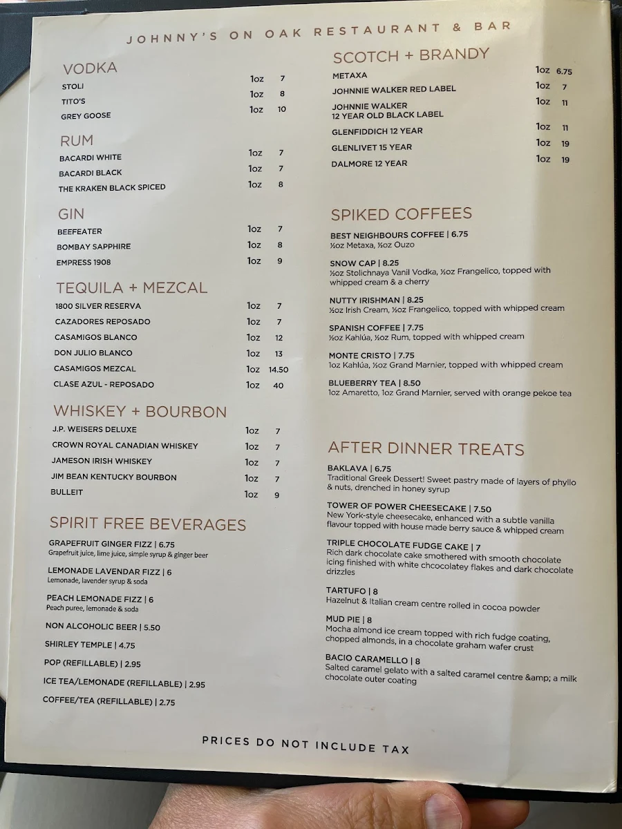 Menu, Johnny’s on Oak