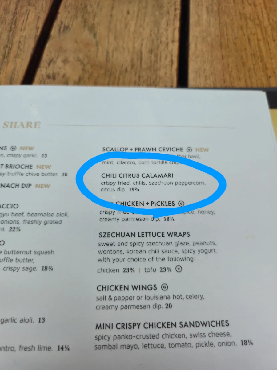 Menu, Cactus Club Cafe