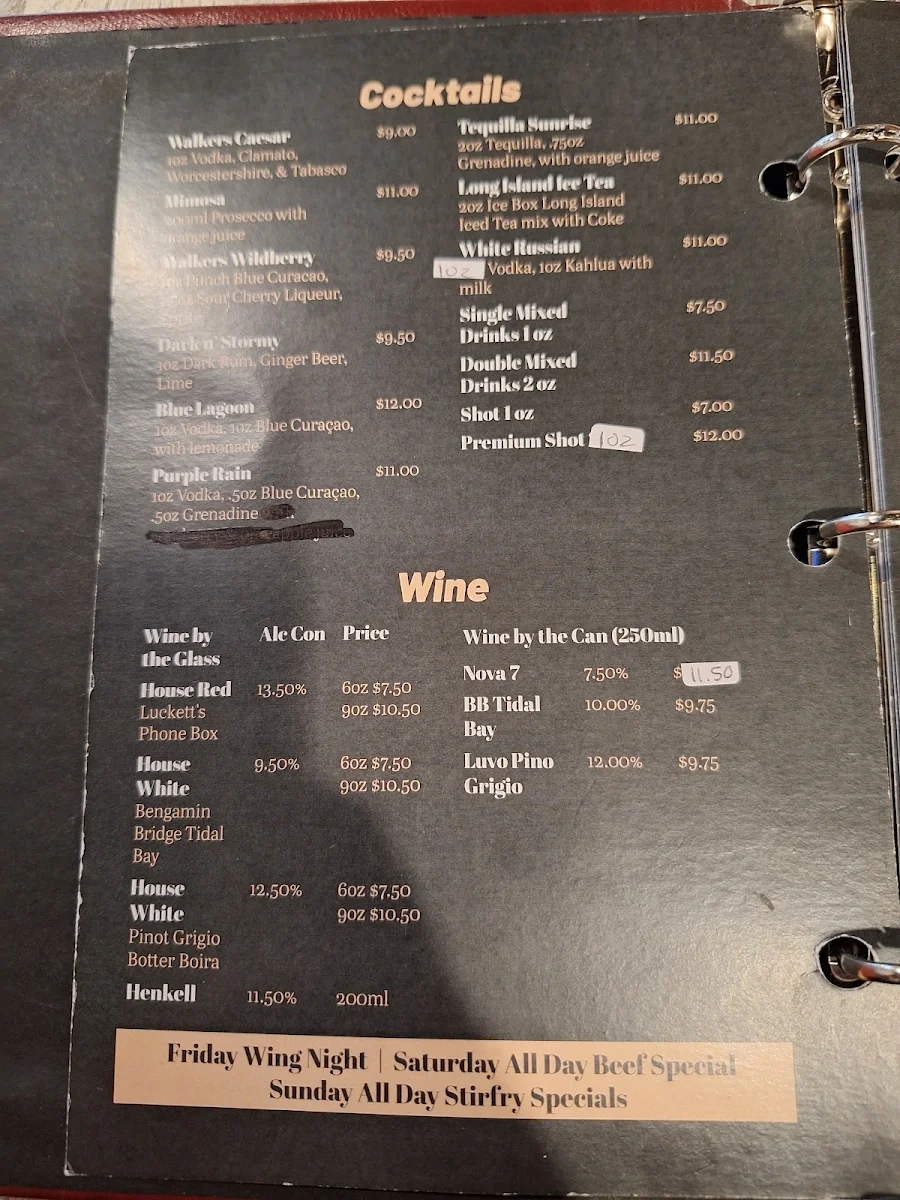 Menu, Walkers Restaurant