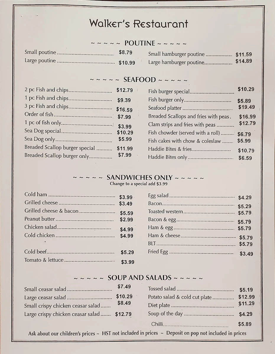 Menu, Walkers Restaurant