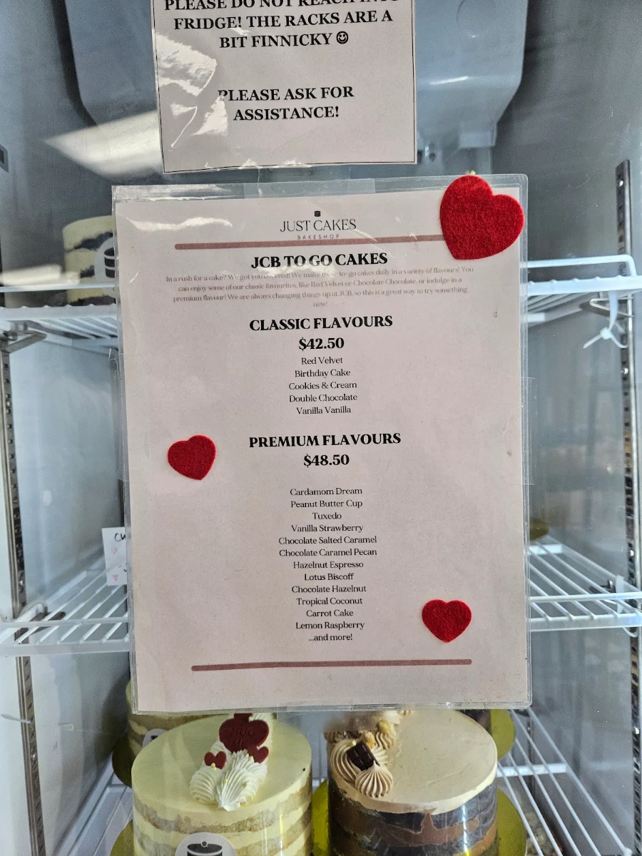 Menu, Just Cakes Bakeshop