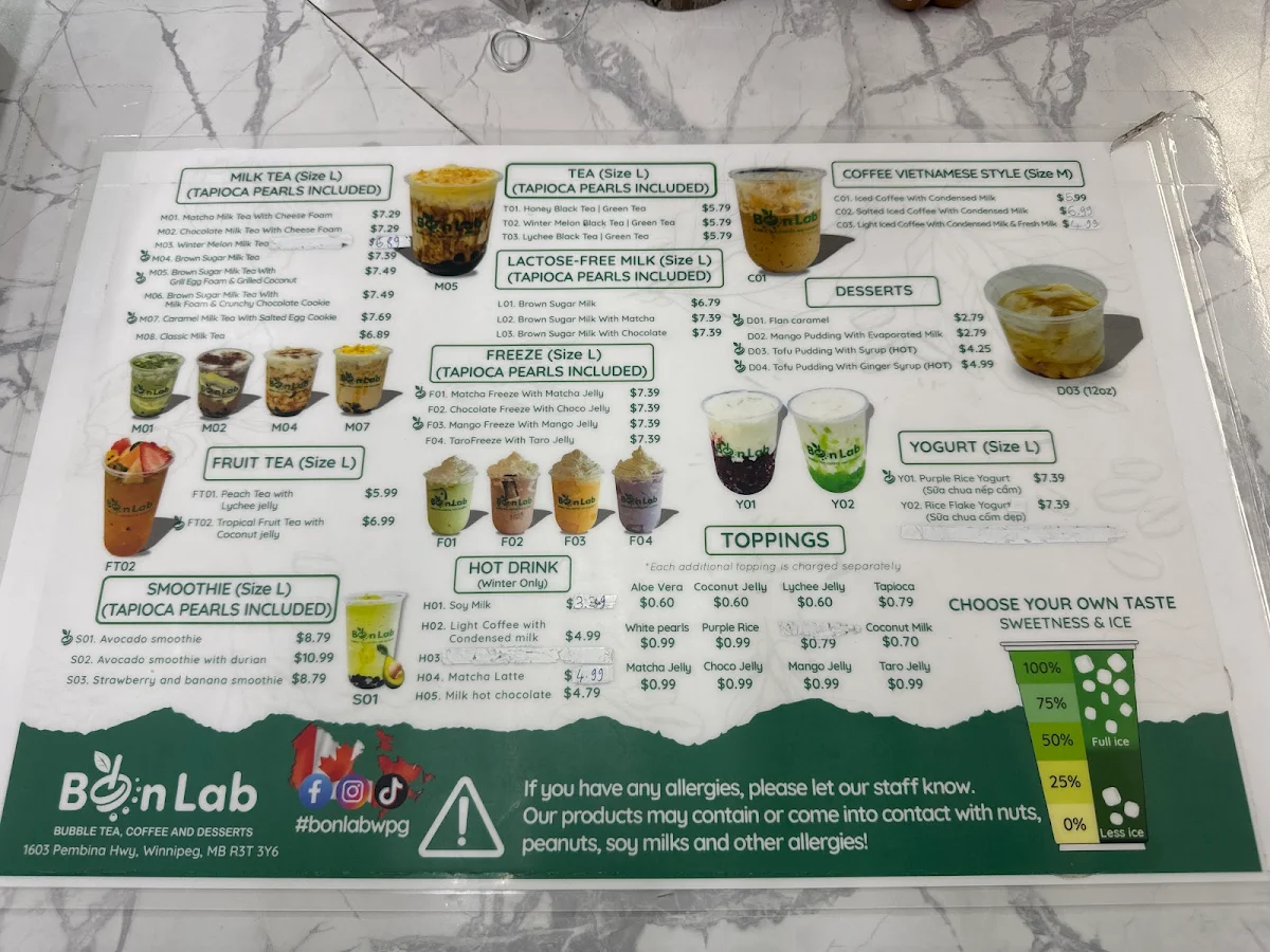 Menu, Bon Lab Bubble Tea & Desserts