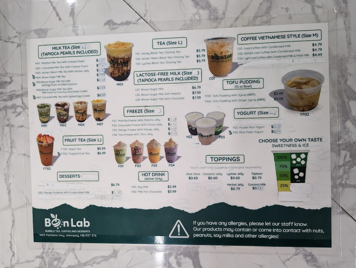 Menu, Bon Lab Bubble Tea & Desserts
