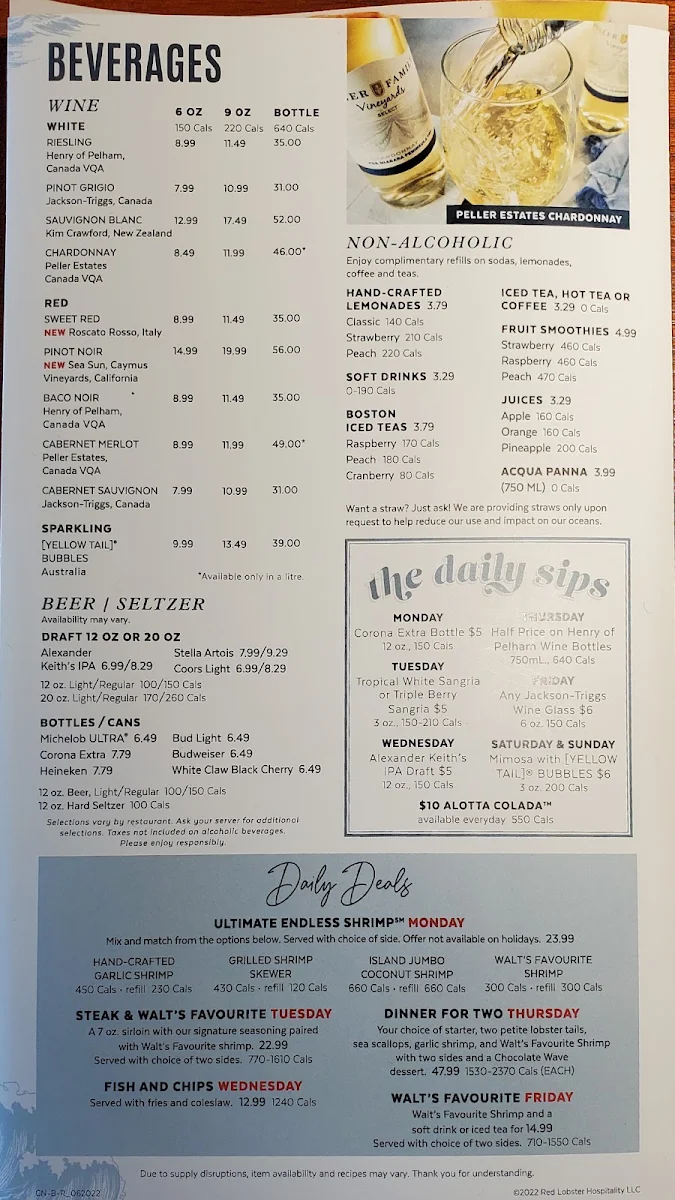 Menu, Red Lobster