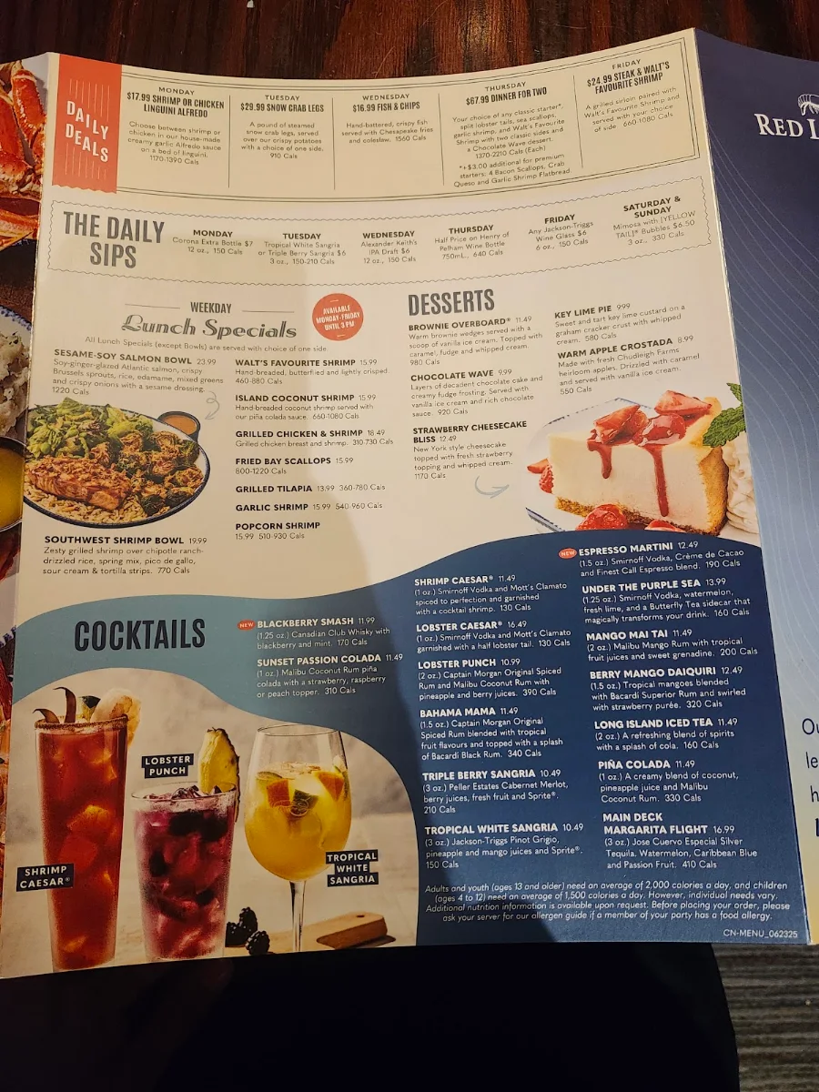 Menu, Red Lobster