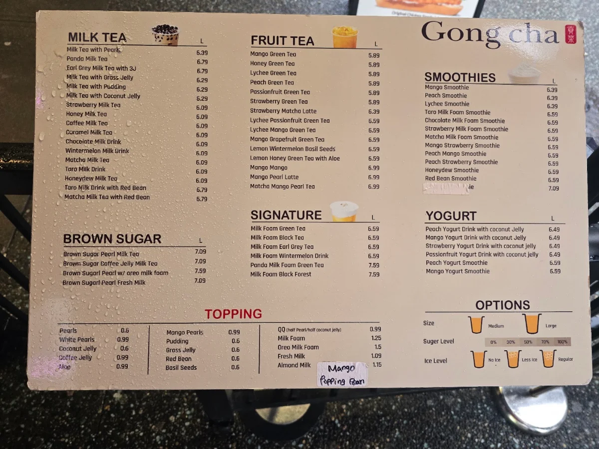 Menu, Gong Cha Granville