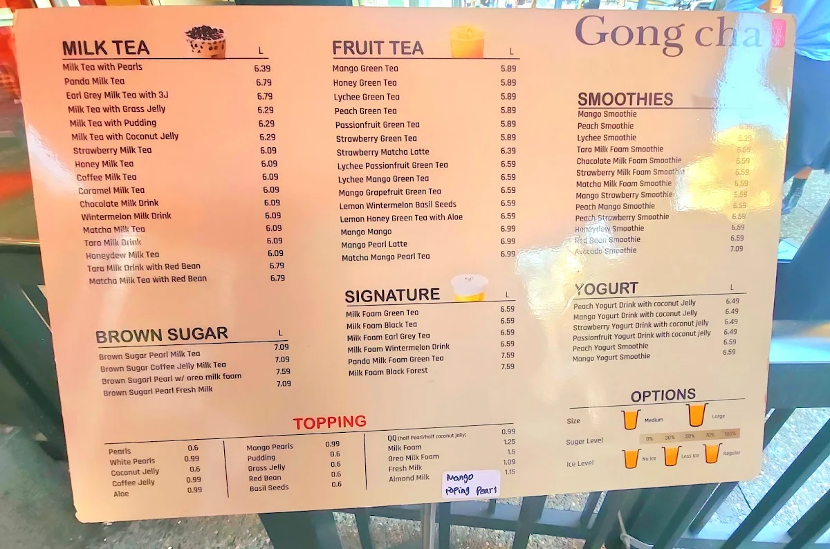 Menu, Gong Cha Granville