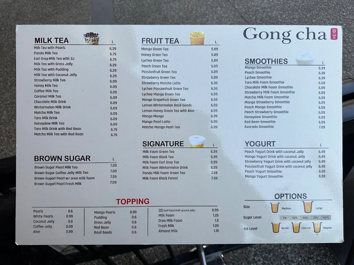 Menu, Gong Cha Granville