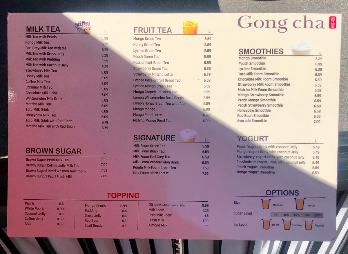 Menu, Gong Cha Granville