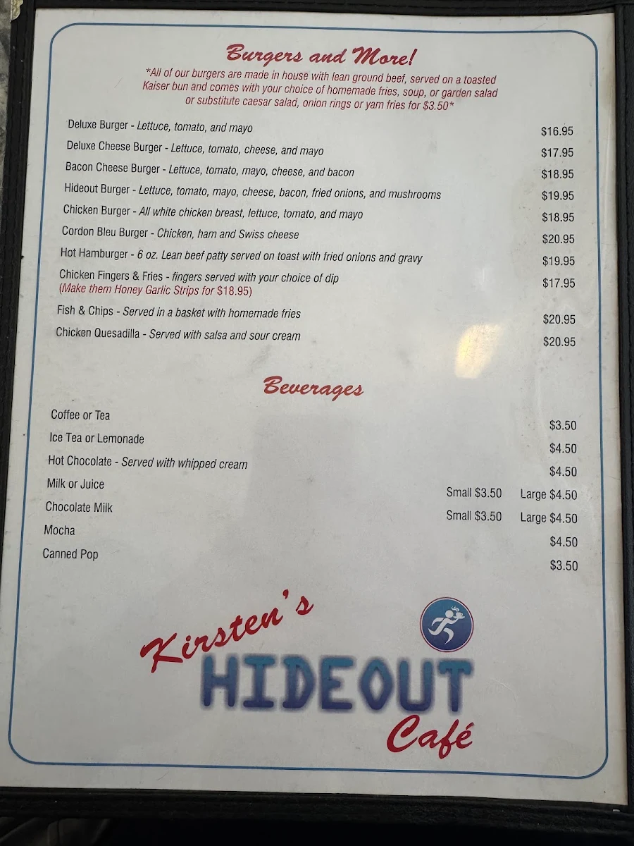 Menu, Kirstens Hideout Café