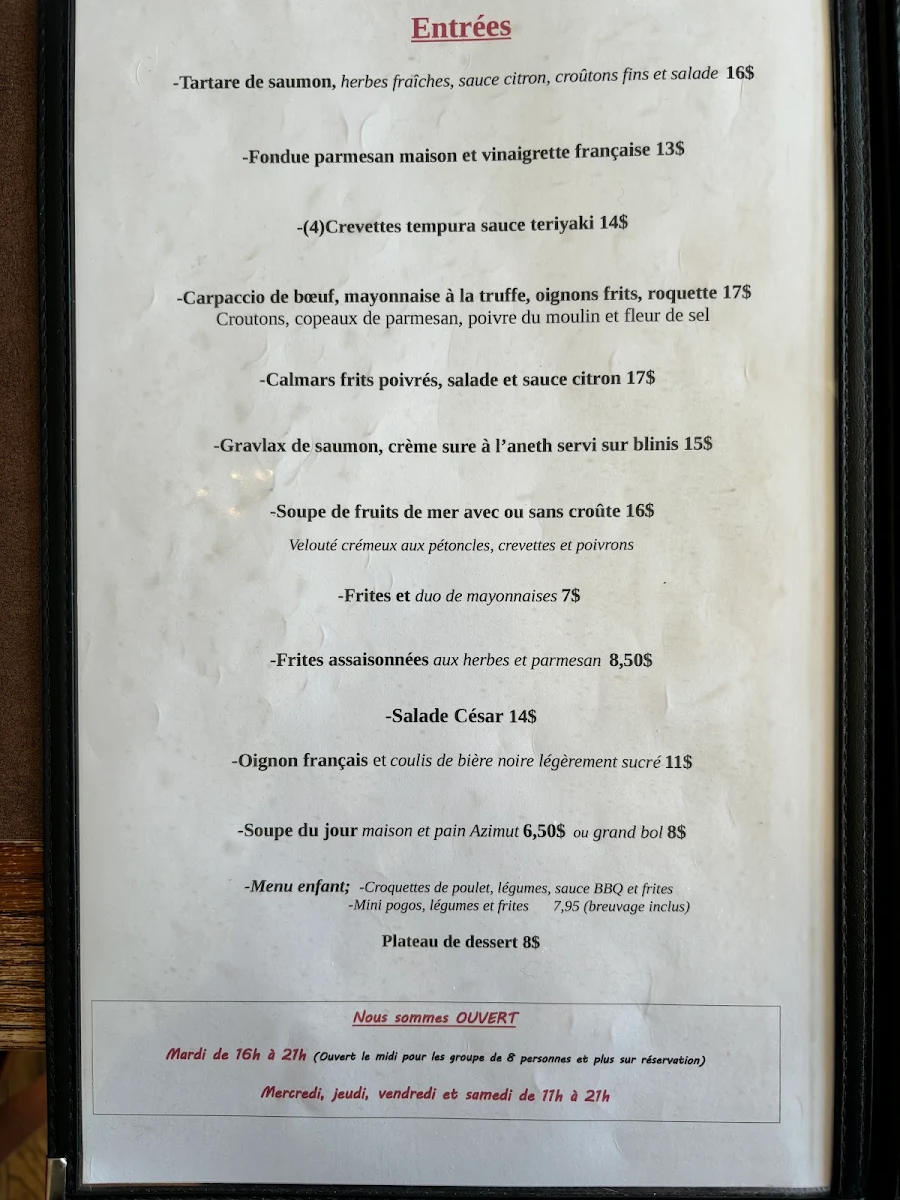 Menu, Restaurant Café Azimut