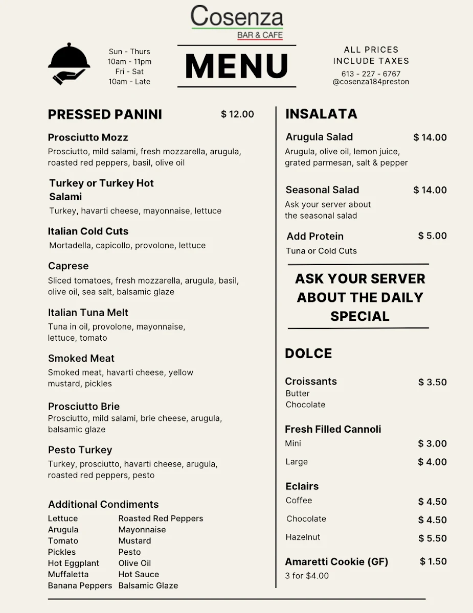 Menu, Cosenza Bar and Cafe