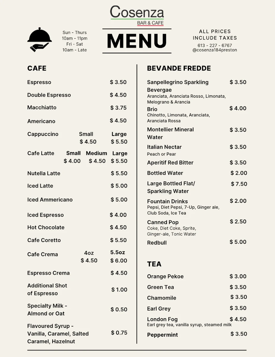 Menu, Cosenza Bar and Cafe