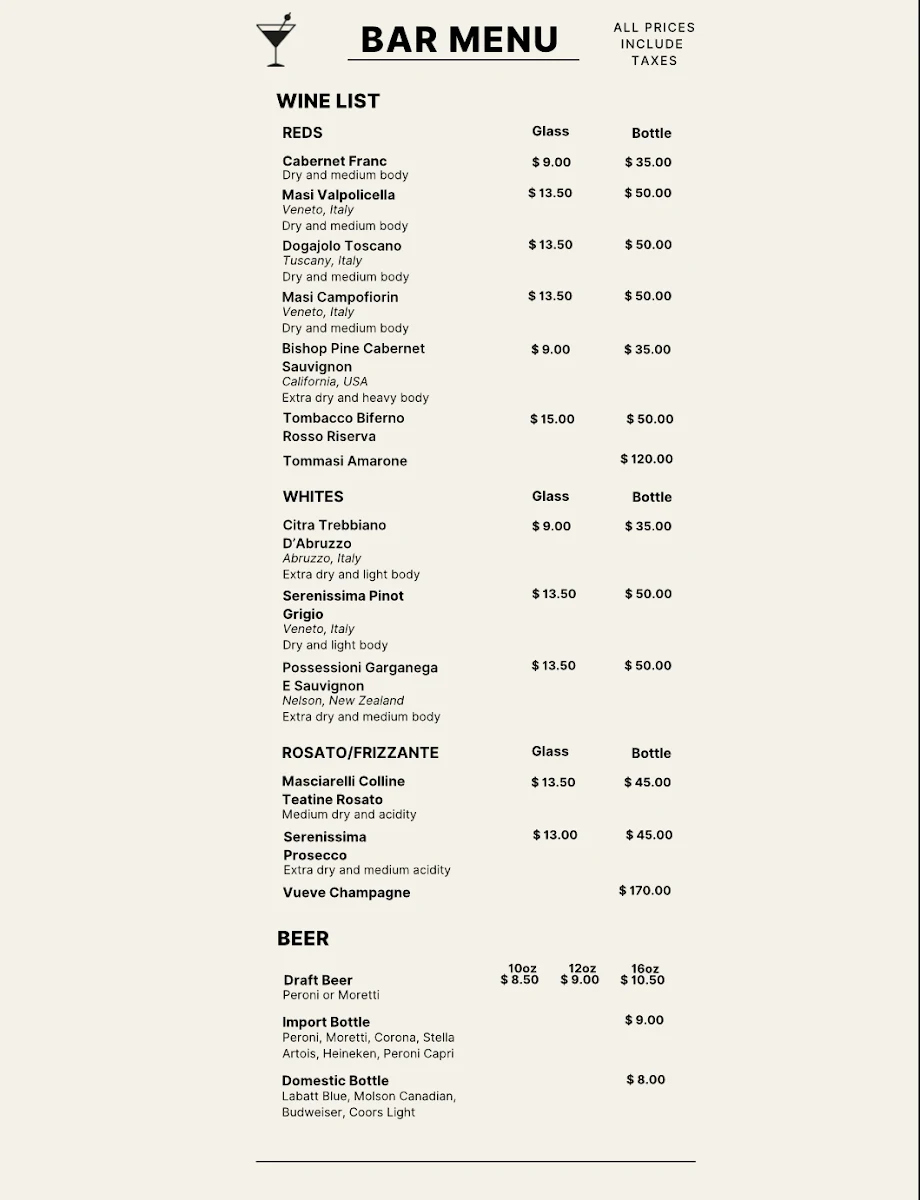 Menu, Cosenza Bar and Cafe