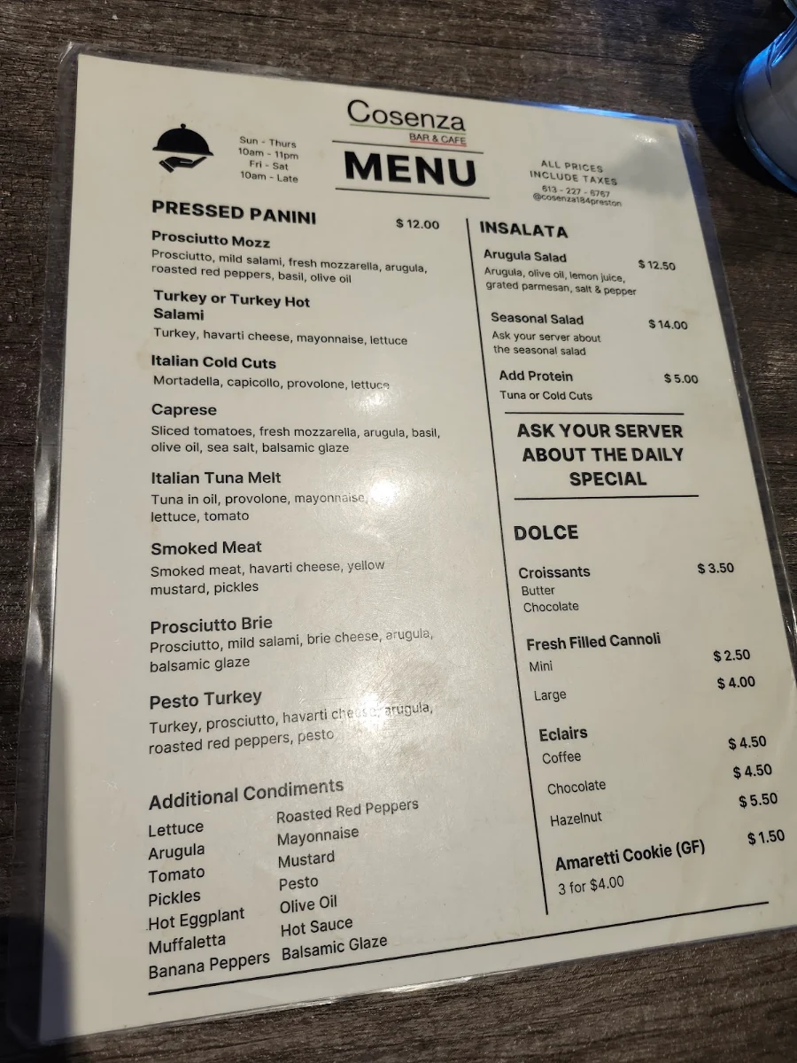 Menu, Cosenza Bar and Cafe